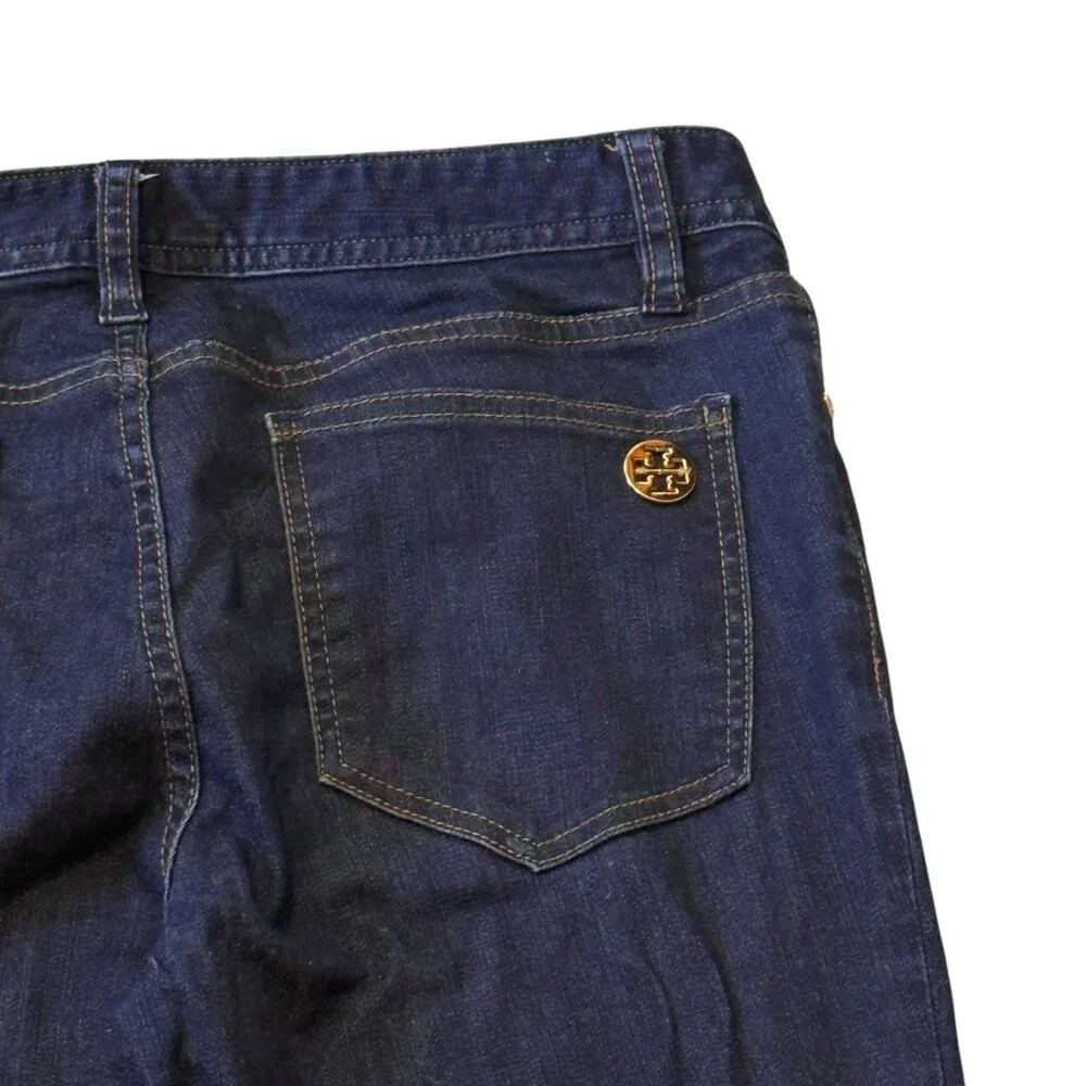 Tory Burch Dark Wash Mid Rise Denim Legging Skinny Jeans Gold Emblem size 29